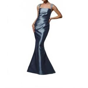 NEW MGNY satin square neck draped bodice dress in slate